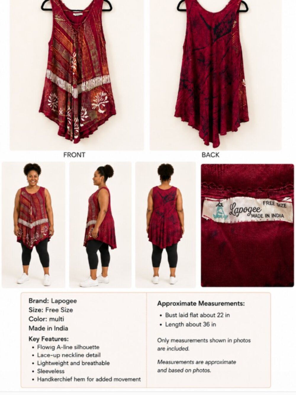 Lapogee Boho Batik Sleeveless Asymmetrical Tunic Top Dress Burgundy Free Size